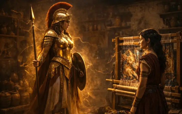 Athena’nın gerçek kimliğini ortaya koyduğu ve Arakne ile karşı karşıya geldiği an